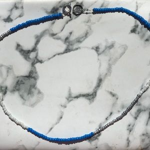 Blue silver and white seed bead necklace